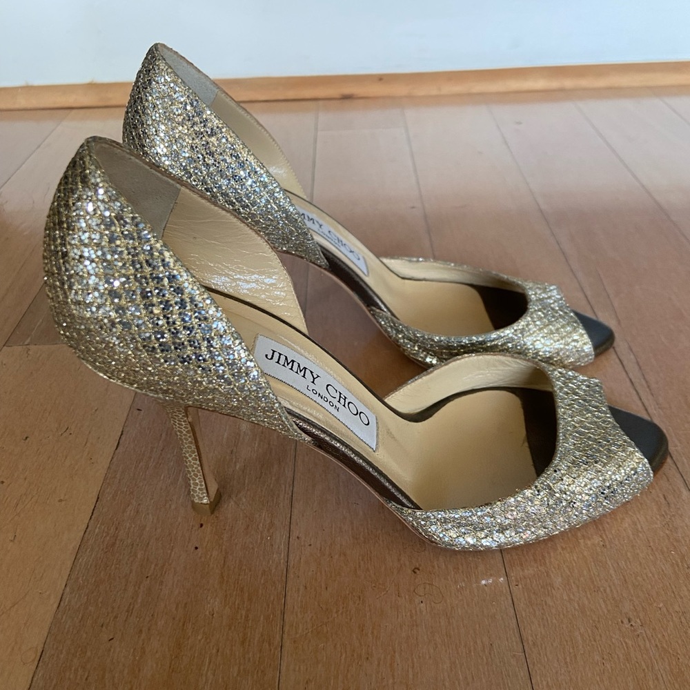 Jimmy Choo Peep Toe Heels, Logan D’orsay Pumps, Silver & Gold Metallic, …